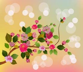 Vector illustration. Spring. Everything wakes up, sakura blossoms blossom.