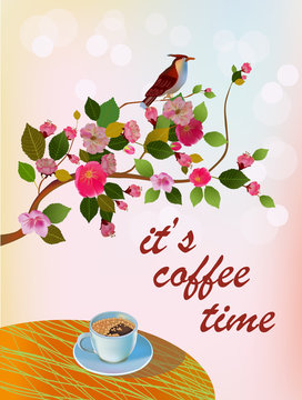 Banner spring leaves blooming cherry blossom. Coffee on the table in the spring. Time to drink coffee.Sakura.