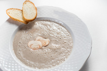 Mushroom cream soup on white baclground