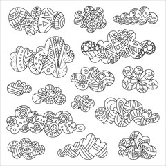 Vector doodle clouds. Hand drawn illustration. Decorative clouds of various shapes and designs. Sketch.