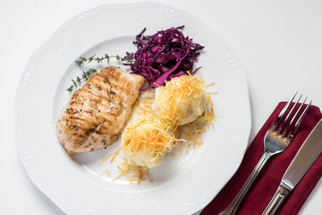 Meat steak dish with mashed potatoes