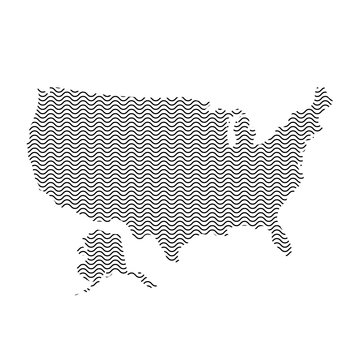 Abstract USA country silhouette of wavy black repeating lines. Contour of sinusoid curve. Vector illustration.