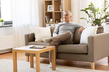leisure and people concept - happy middle-aged man sitting on sofa at home