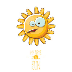 vector funky cartoon style summer sun character isolated on white background. My name is sun concept illustration. funky kids summer character with eyes and mouth