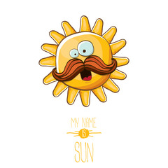 vector funky cartoon style summer sun character isolated on white background. My name is sun concept illustration. funky kids summer character with eyes and mouth