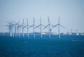 Close-up of an electric generating wind farm in the Baltic Sea between Germany and Denmark