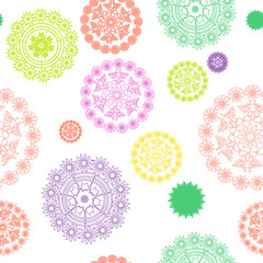 Vector seamless abstract pattern background with circles, mandalas, doilies in colorful pastel colors. Perfect for fabric, gift wrap, scrap booking, wallpaper, cards.