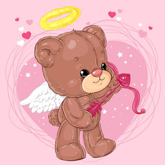 Cute little angel teddy bear with arrow of cupid on heart background. Greeting card with St. Valentine's Day.