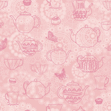 Pink Vintage  Seamless Pattern Background With Teapots Teacups Butterflies Cakes And Doilies Backdrop. Perfect For Fabric, Scrap Booking, Wallpaper, Invitations, Gift Wrap