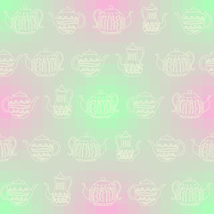 Vector dotted gradient pastel  seamless pattern background of vintage teapots arranged in rows. Perfect for fabric, scrap booking, wallpaper, invitations, gift wrap