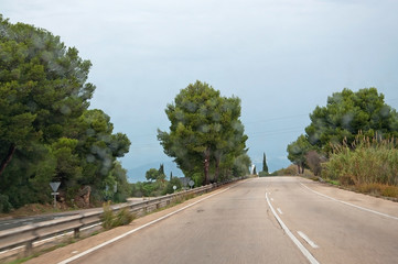 Road green vegetation and raindrop effect on car window