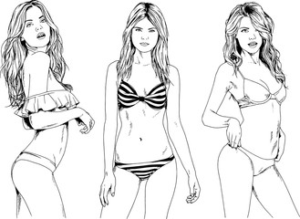 vector drawings sketches beautiful girls blondes in swimsuits in sexual poses drawn in ink by hand 
