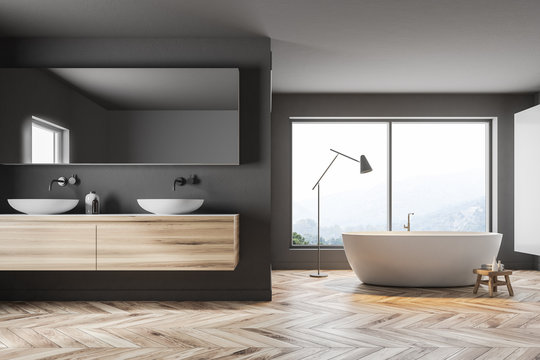 Gray panoramic bathroom sink and tub