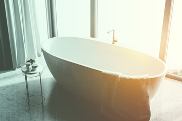 Panoramic bathroom, curtains, top view toned