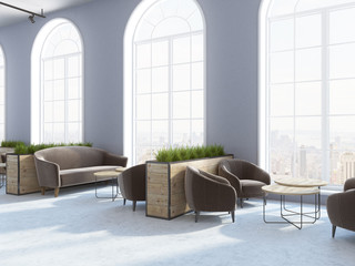 Eco style hotel restaurant, brown armchairs sofas