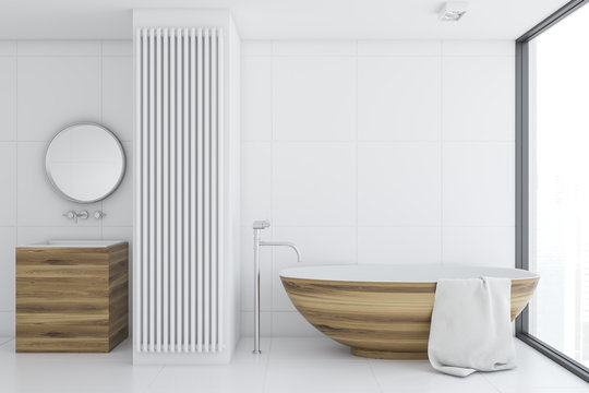 Panoramic bathroom, wooden bathtub, side view