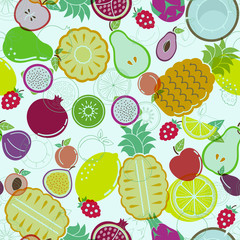 Seamless summer tropical fruit pattern for textile background and banners. Assorted fruits on light blue background.