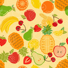 Seamless summer tropical fruit pattern for textile background and banners. Assorted fruits on light yellow background