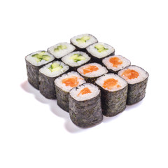 Rolls with salmon and rolls with cucumber. Syake Roru and Kappa maki on white background
