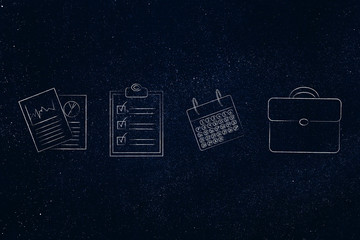 group of office items lined up from stats documents to to do list and calendar with office bag