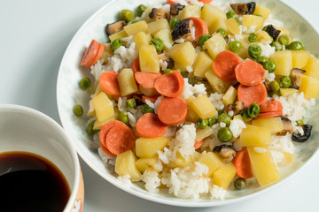white background and cooked rice