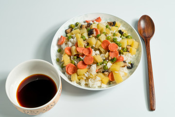 white background and cooked rice
