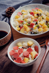 Wooden background and cooked rice