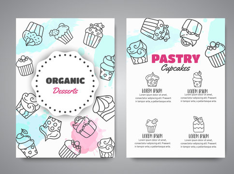 Cupcake newsletter with handdrawn cupcakes and pink splashes. Sweet pastry slogan for cafe. Bakery Desserts collection Vector