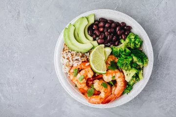 Wall murals Product Range Spicy Shrimp Burrito Buddha Bowl with wild rice, broccoli, black beans and avocado