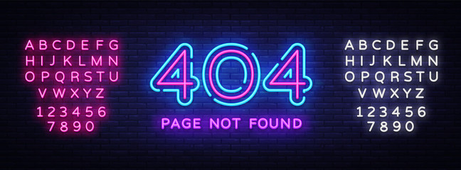 404 page not found vector banner. 404 error design template, neon sign billboard, contemporary design design. Vector illustration. Editing text neon sign