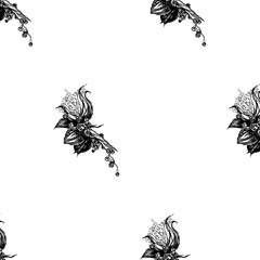 Beautiful hand drawn vector seamless pattern with cotton branch. Hand drawn boho chic style design elements. Perfect for wallpapers, web page backgrounds, surface textures, textile. Tattoo, vector