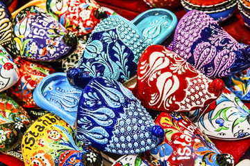 Ceramic oriental shoe souvenirs Grand bazaar Istanbul. The inscription on shoes says "Istanbul"