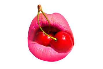 Open mouth with cherries, isolated on white