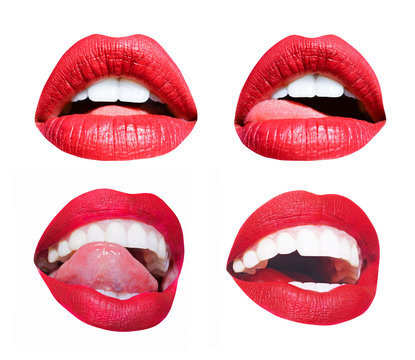 Woman mouth. Different lips set, emotions, sexy tongue and licking white lips. Red seductive lipstick. Girl lips. Young sensual girl, mouth isolated on white background. Fashion cosmetics for lips