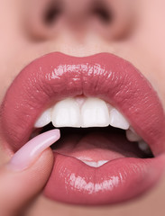 Beauty Sexy Female Lips Closeup. Hyaluronic acid for lips. Plastic surgery for lips, lip...