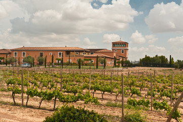 Front view of a fourth generation vineyard and brick, winery structure in the southeast region of Spain on a warm, summer day