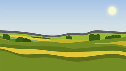 Valley landscape with hills, trees, sky and sun. Vector illustration.