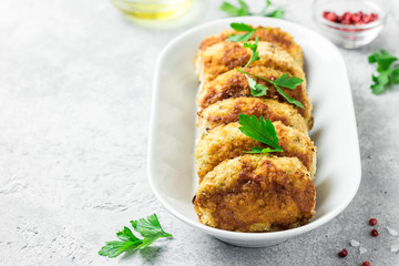 Healthy vegetable cutlets with herbs. Selective focus, space for text.