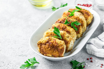 Healthy vegetable cutlets with herbs. Selective focus, space for text.