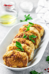 Healthy vegetable cutlets with herbs. Selective focus, space for text.