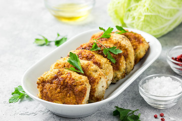 Healthy vegetable cutlets with herbs. Selective focus, space for text.