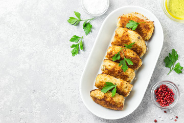 Healthy vegetable cutlets with herbs.Top view, space for text.