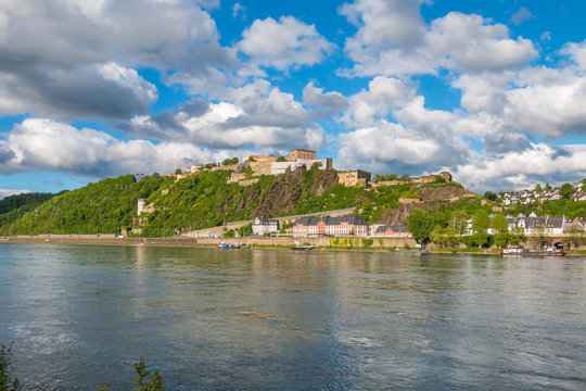 The Fortress Ehrenbreitstein in Koblenz. As seen from Deutsches Eck.