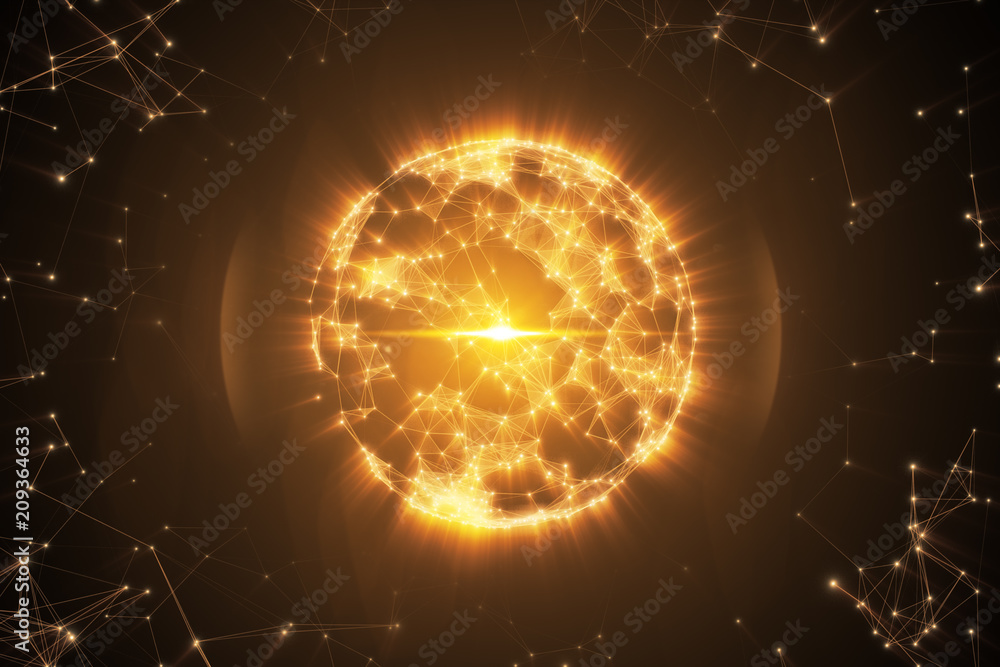 Poster abstract sphere from connected plexus white dots and lines and a pulsating light in center 3d illust