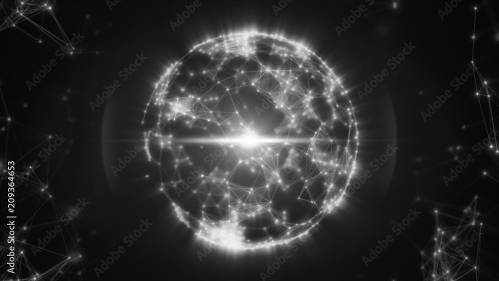 Poster abstract sphere from connected plexus white dots and lines and a pulsating light in center 3d illust