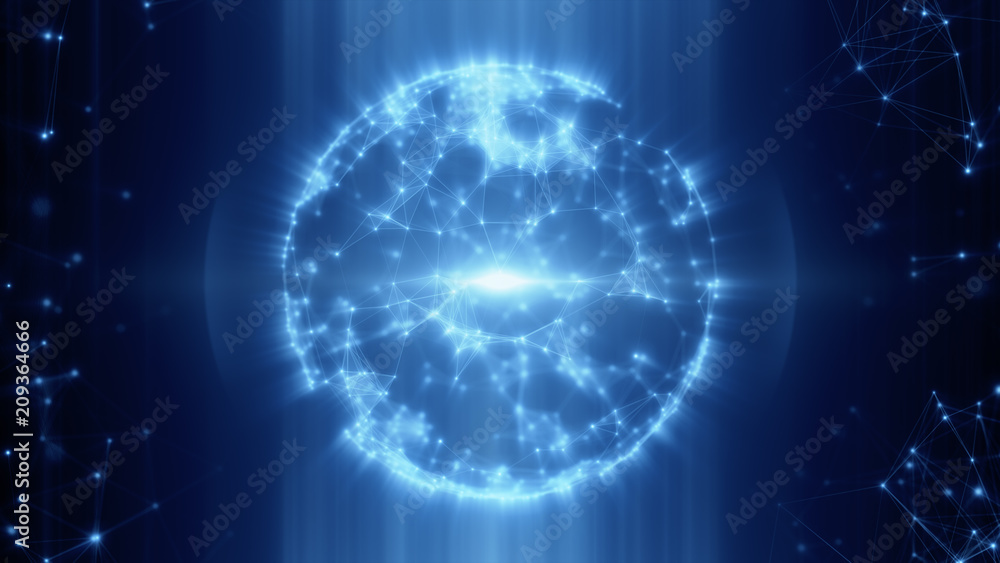 Poster abstract sphere from connected plexus white dots and lines and a pulsating light in center 3d illust