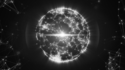 Abstract sphere from connected plexus white dots and lines and a pulsating light in center 3d illustration