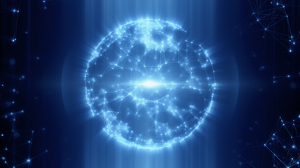 Abstract sphere from connected plexus white dots and lines and a pulsating light in center 3d illustration