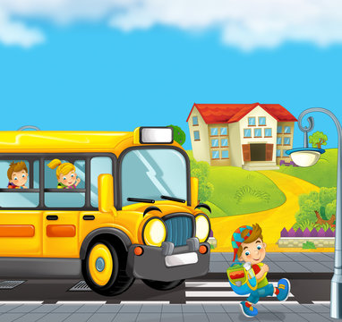 cartoon scene with school bus taking kids to school - illustration for children