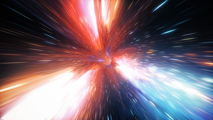 Abstract jump in space in hyperspace among stars and flying in the wormhole 3d illustration